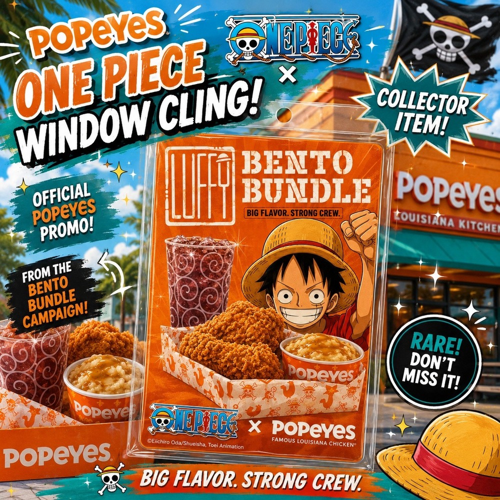 Popeyes One Piece Luffy Bundle Promo Window Cling Collectible Restaurant Display